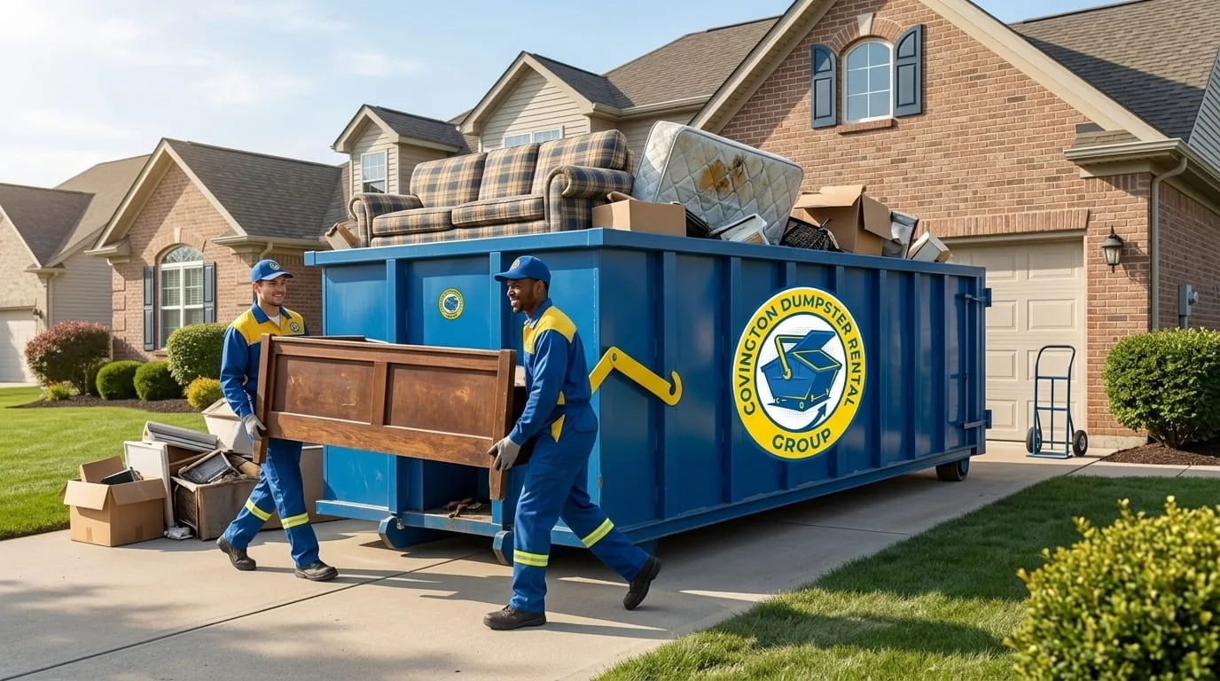 Roofing debris dumpster placed beside a home in Covington GA